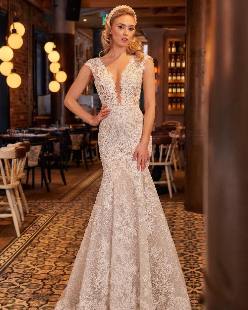 La22234 lace cap sleeve wedding dress with mermaid silhouette and plunging neckline1